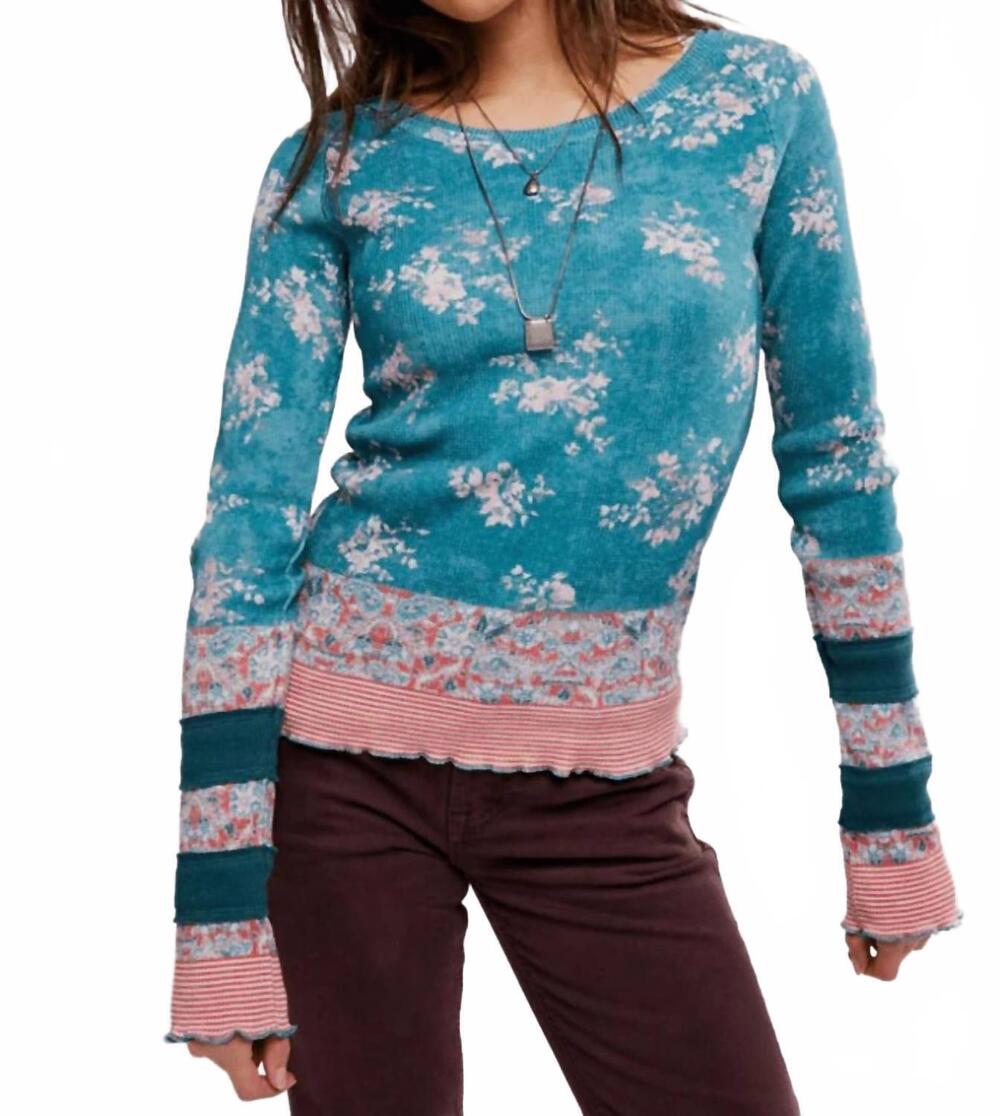 NEW FREE PEOPLE easy does it printed tee in lagoon combo
